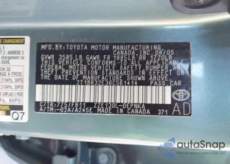 2006 Toyota Corolla Le z USA, uszkodzony, nr VIN 2T1BR32E36C561414